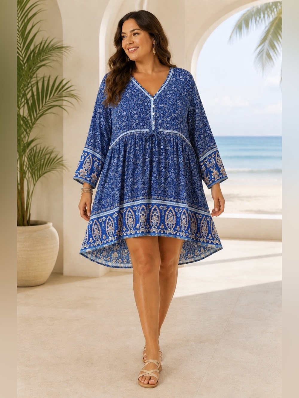 Plus Size Babydoll Peasant Tunic Dress 2X Ditsy Floral Boho Resort Festival Blue - Picture 10 of 10